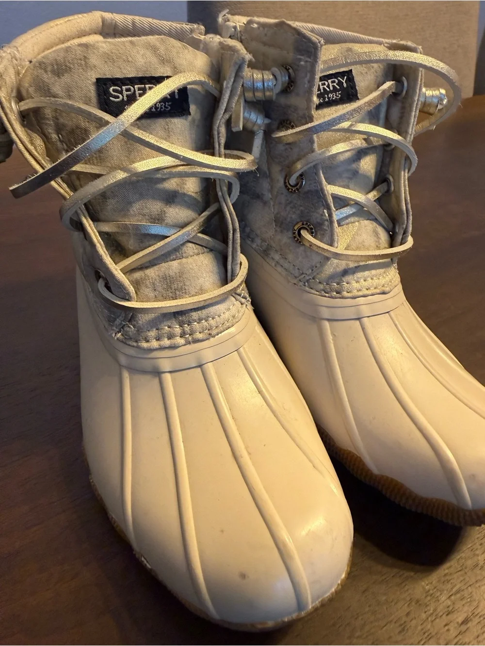 Sperry Light Beige and Gray Waterproof Duck Boots